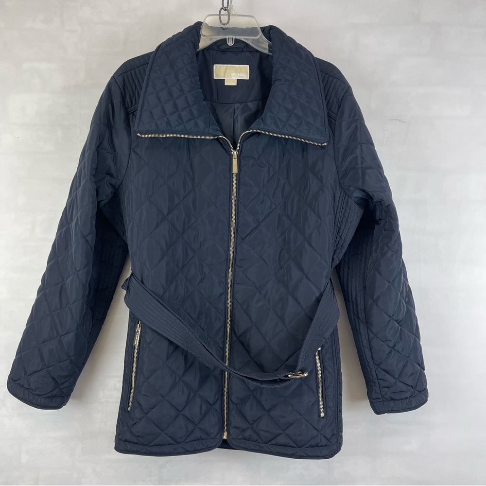 Michael Kors Women’s Quilted Belted Zip Jacket‎ Navy Blue Long Sleeve Pockets XL
